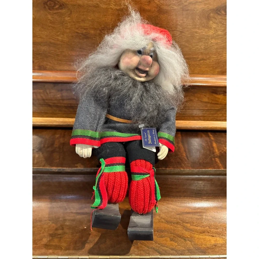 Vintage Hallingnissen Norway Gnome Nisse Doll on Skis Scandinavian Folk Art
